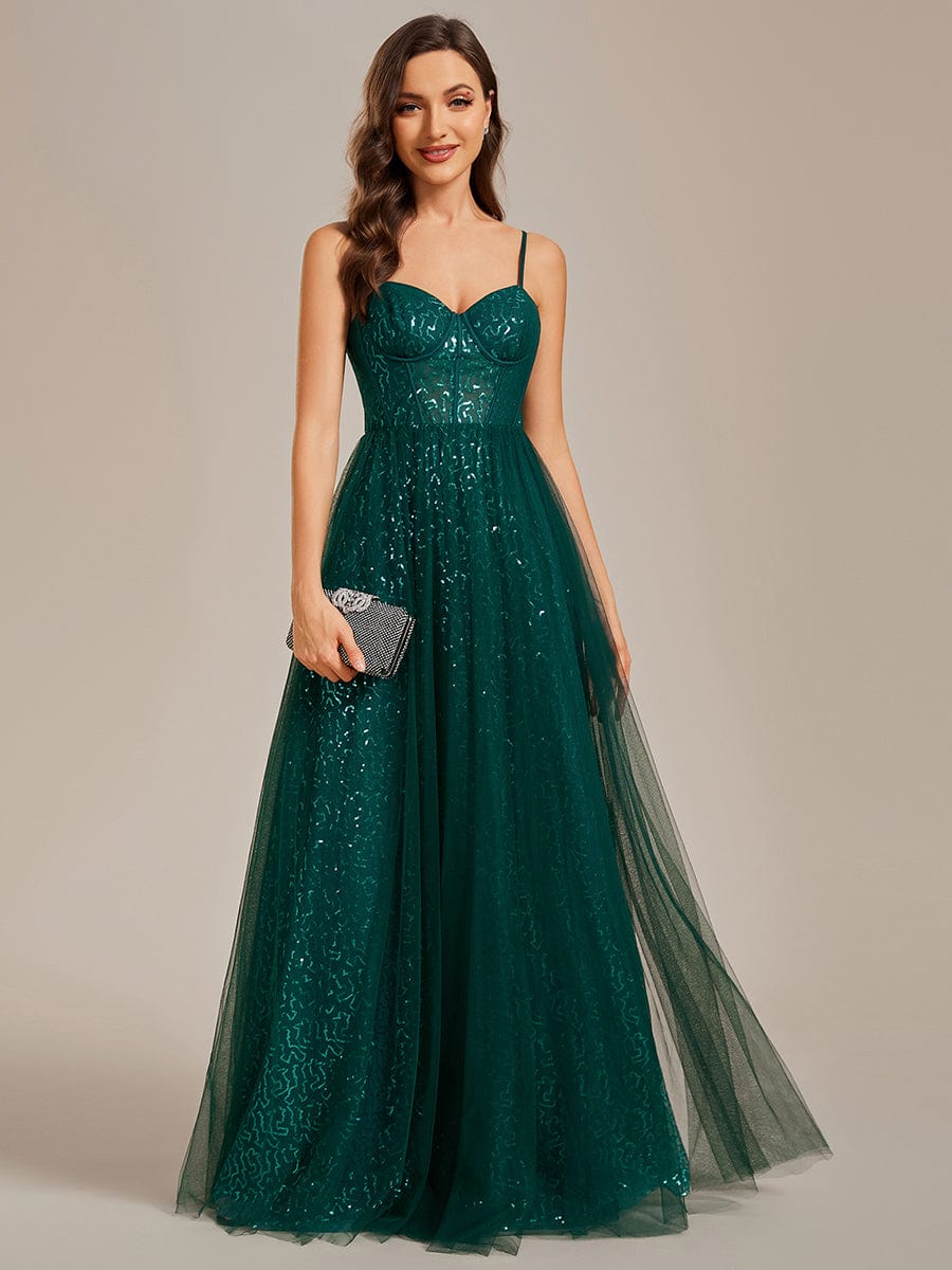 Elegant Sequin Spaghetti Strap A-Line Evening Dress #color_Dark Green