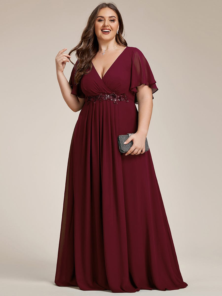 Elegant Chiffon Applique Evening Dress with Flutter Sleeves #color_Burgundy