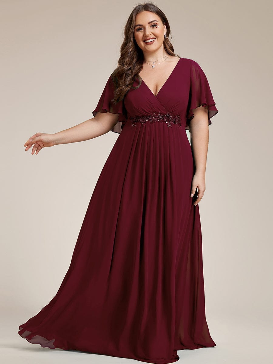 Elegant Chiffon Applique Evening Dress with Flutter Sleeves #color_Burgundy