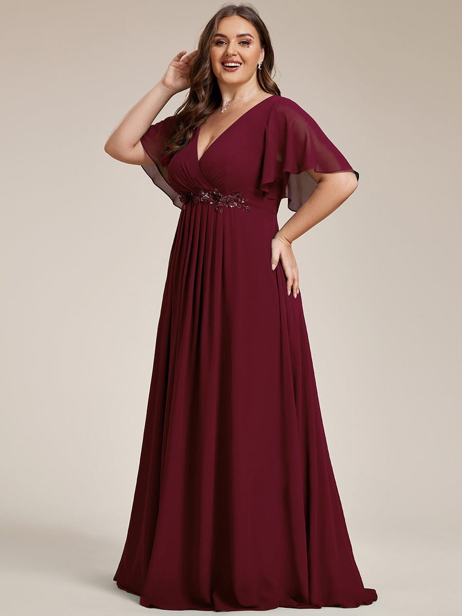 Elegant Chiffon Applique Evening Dress with Flutter Sleeves #color_Burgundy