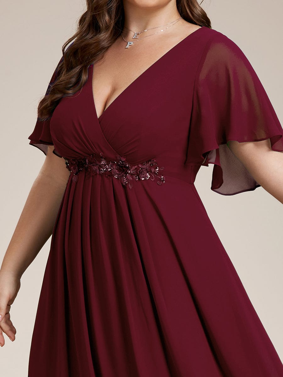 Elegant Chiffon Applique Evening Dress with Flutter Sleeves #color_Burgundy