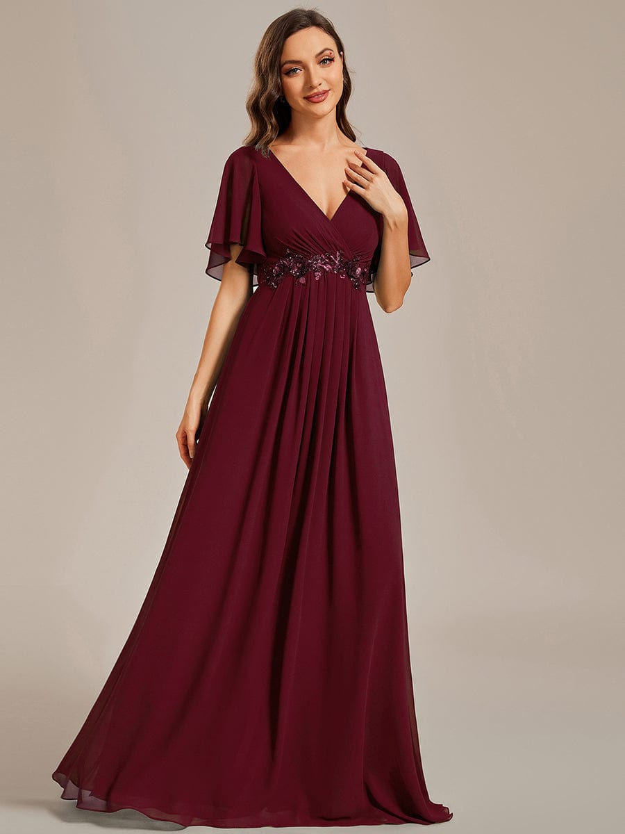 Elegant Chiffon Applique Evening Dress with Flutter Sleeves #color_Burgundy