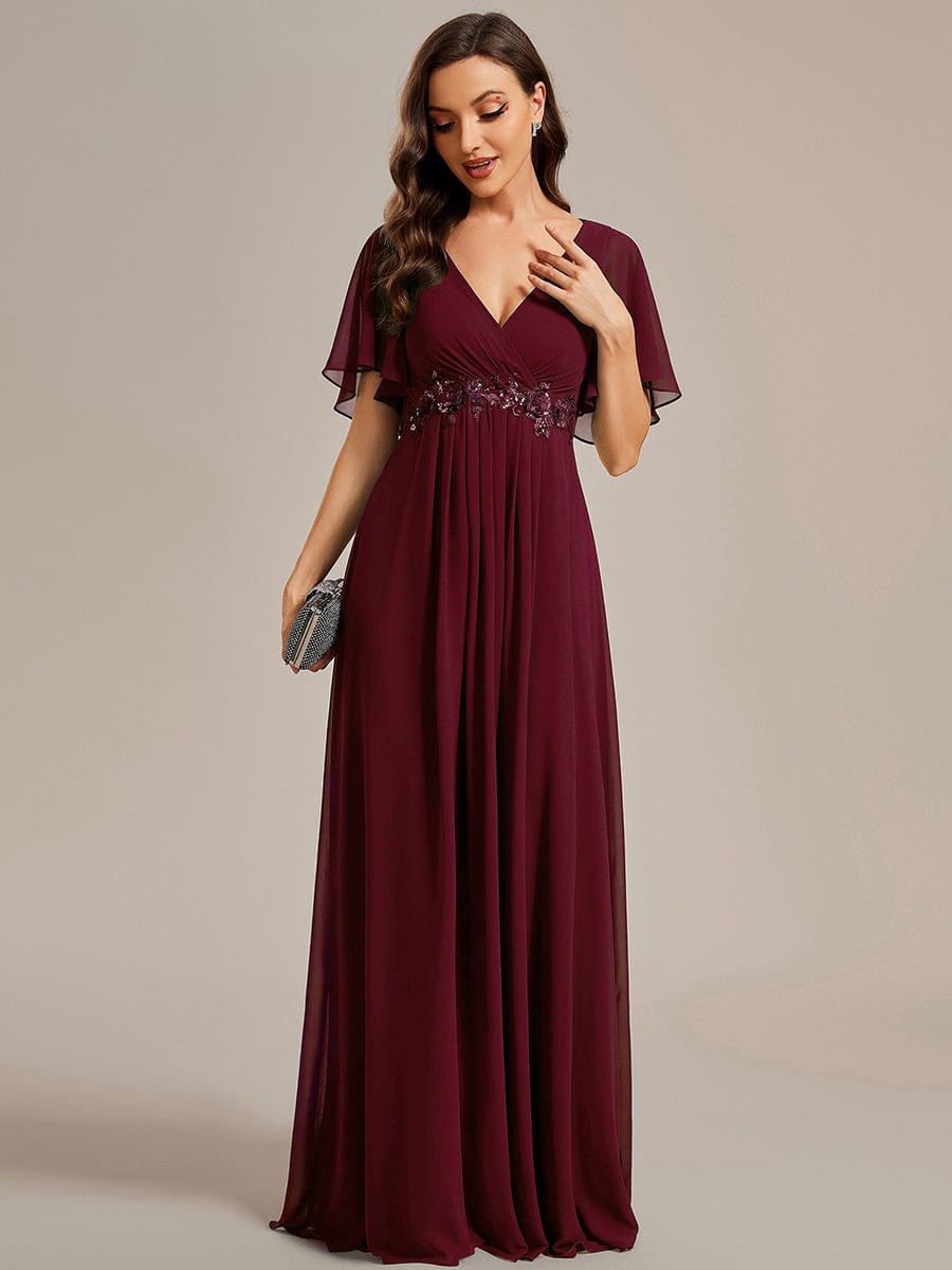 Elegant Chiffon Applique Evening Dress with Flutter Sleeves #color_Burgundy