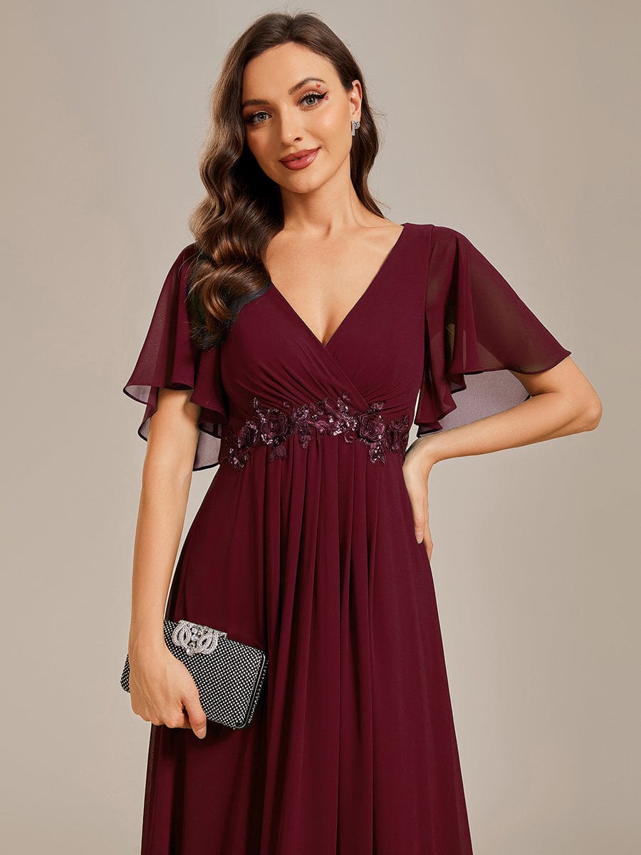 Elegant Chiffon Applique Evening Dress with Flutter Sleeves #color_Burgundy