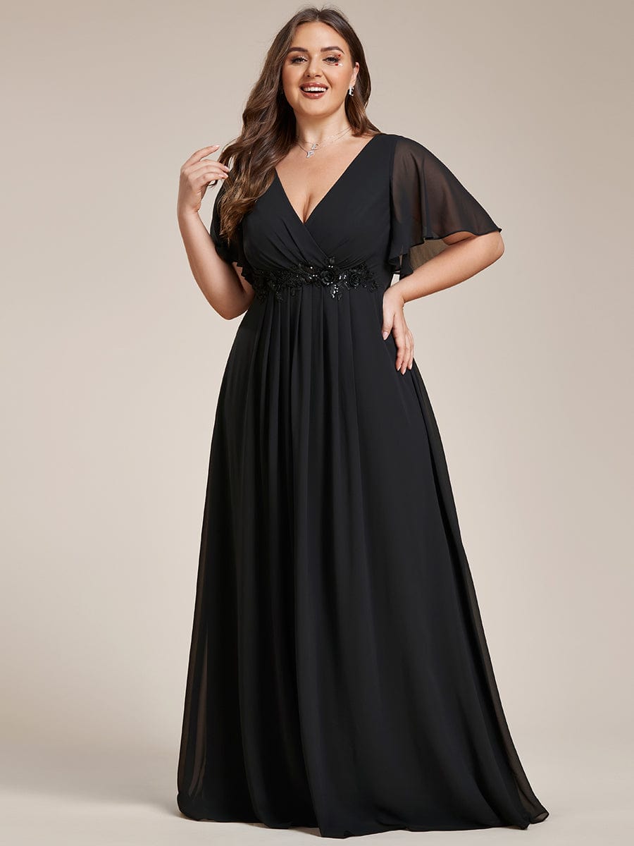 Elegant Chiffon Applique Evening Dress with Flutter Sleeves #color_Black