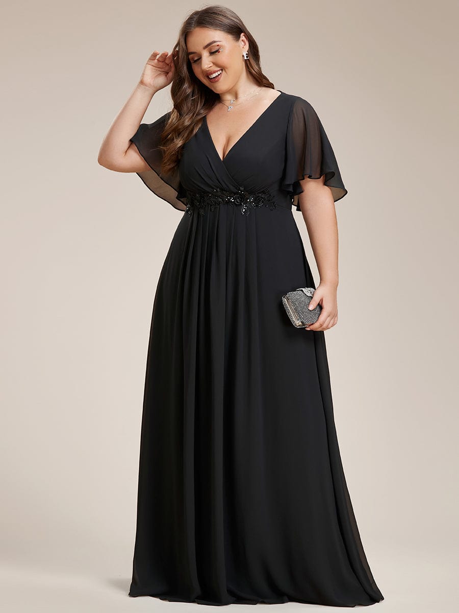 Elegant Chiffon Applique Evening Dress with Flutter Sleeves #color_Black