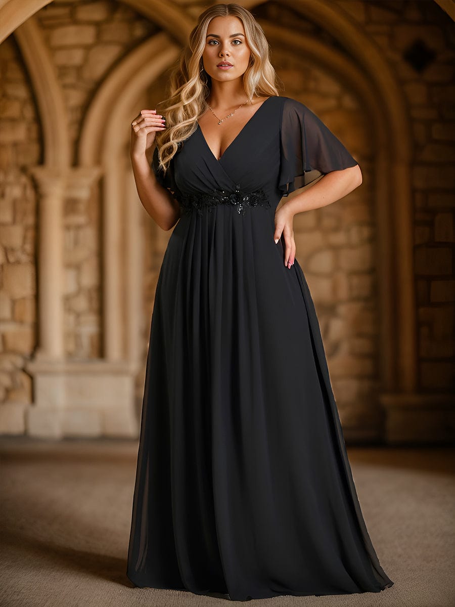 Elegant Chiffon Applique Evening Dress with Flutter Sleeves #color_Black