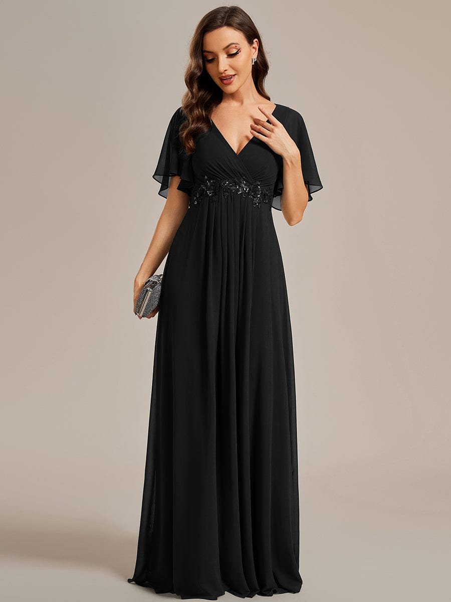 Elegant Chiffon Applique Evening Dress with Flutter Sleeves #color_Black