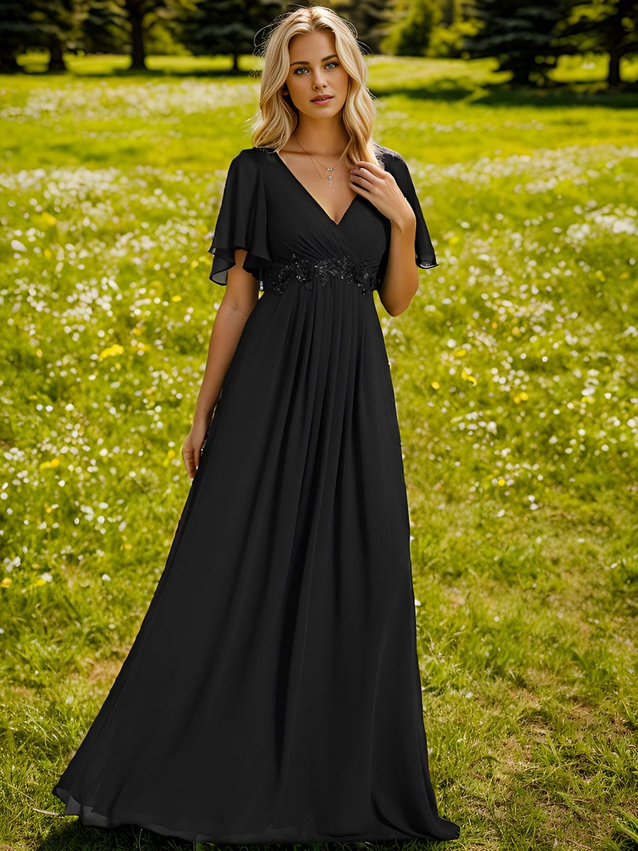 Elegant Chiffon Applique Evening Dress with Flutter Sleeves #color_Black