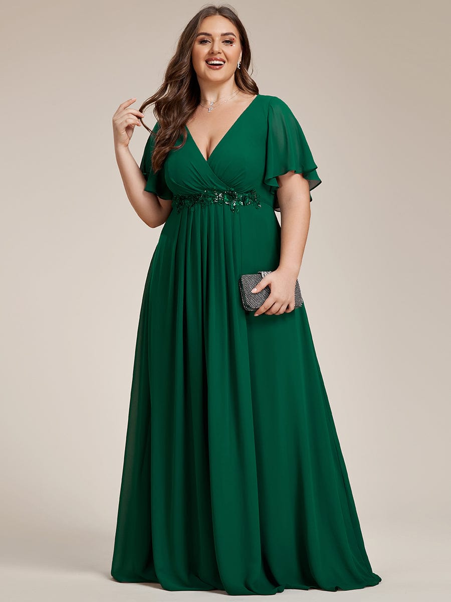 Elegant Chiffon Applique Evening Dress with Flutter Sleeves #color_Dark Green