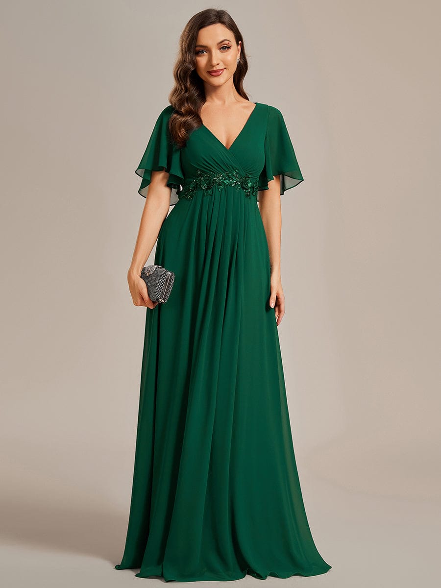 Elegant Chiffon Applique Evening Dress with Flutter Sleeves #color_Dark Green