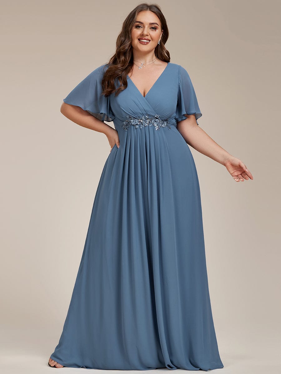 Elegant Chiffon Applique Evening Dress with Flutter Sleeves #color_Dusty Blue