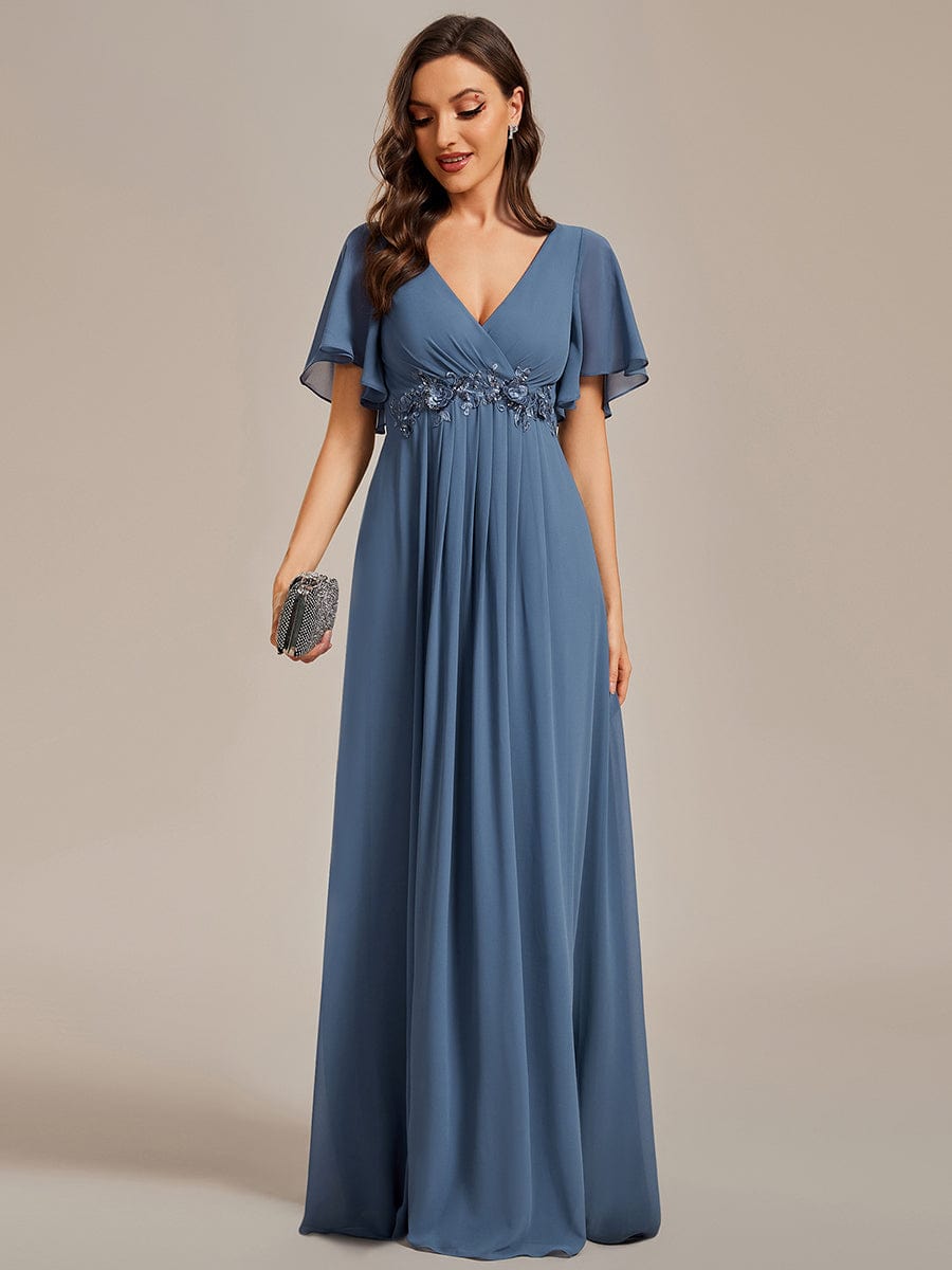 Elegant Chiffon Applique Evening Dress with Flutter Sleeves #color_Dusty Blue