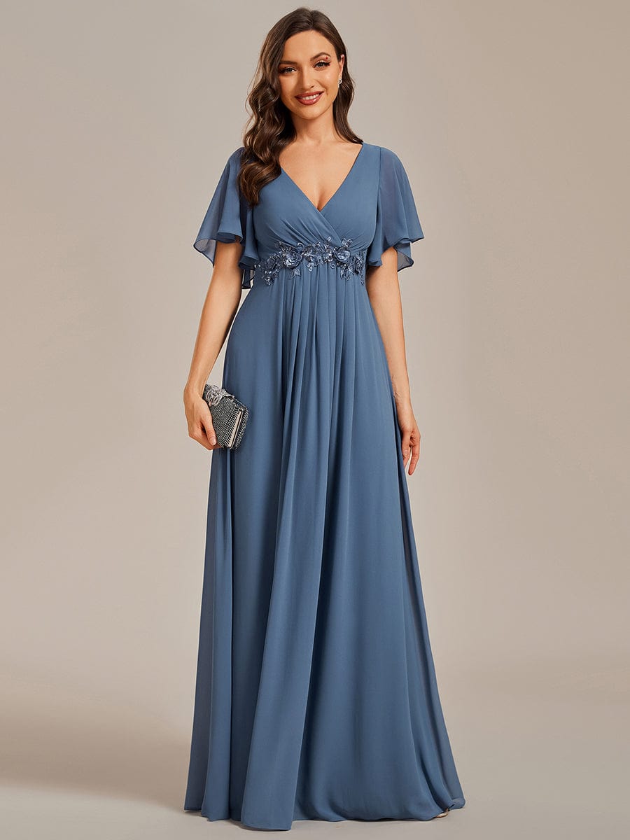 Elegant Chiffon Applique Evening Dress with Flutter Sleeves #color_Dusty Blue