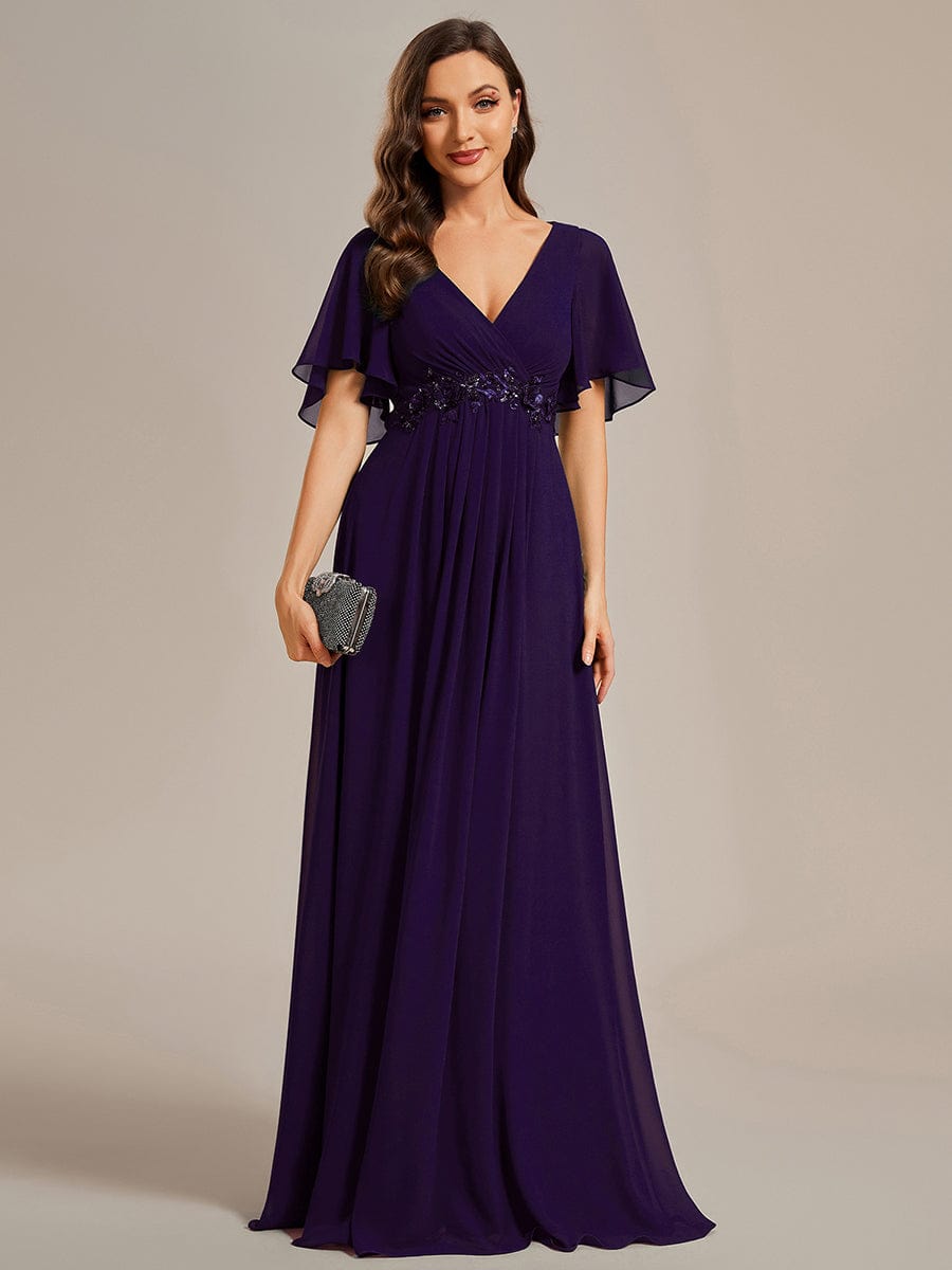 Elegant Chiffon Applique Evening Dress with Flutter Sleeves #color_Dark Purple