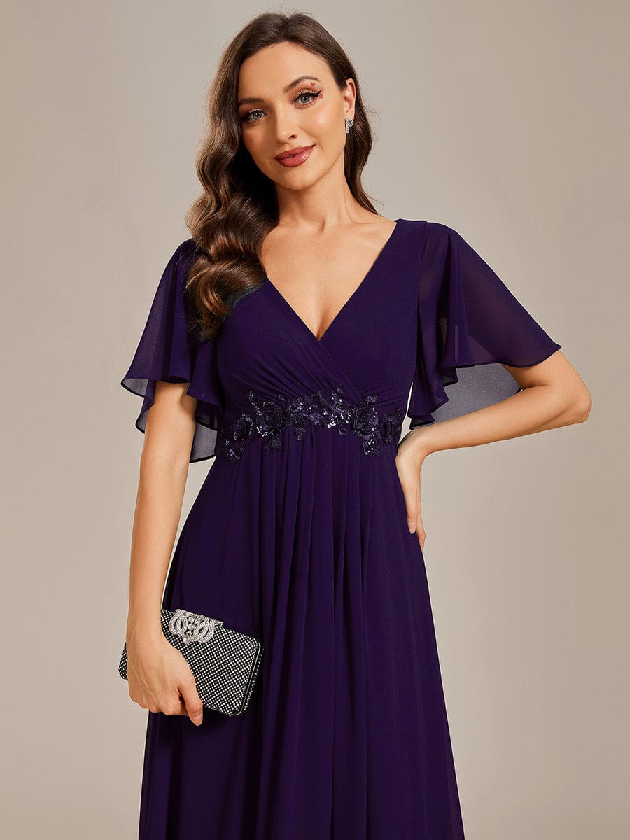 Elegant Chiffon Applique Evening Dress with Flutter Sleeves #color_Dark Purple