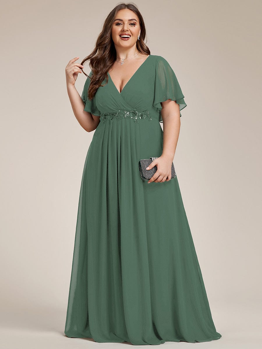 Elegant Chiffon Applique Evening Dress with Flutter Sleeves #color_Eucalyptus Green