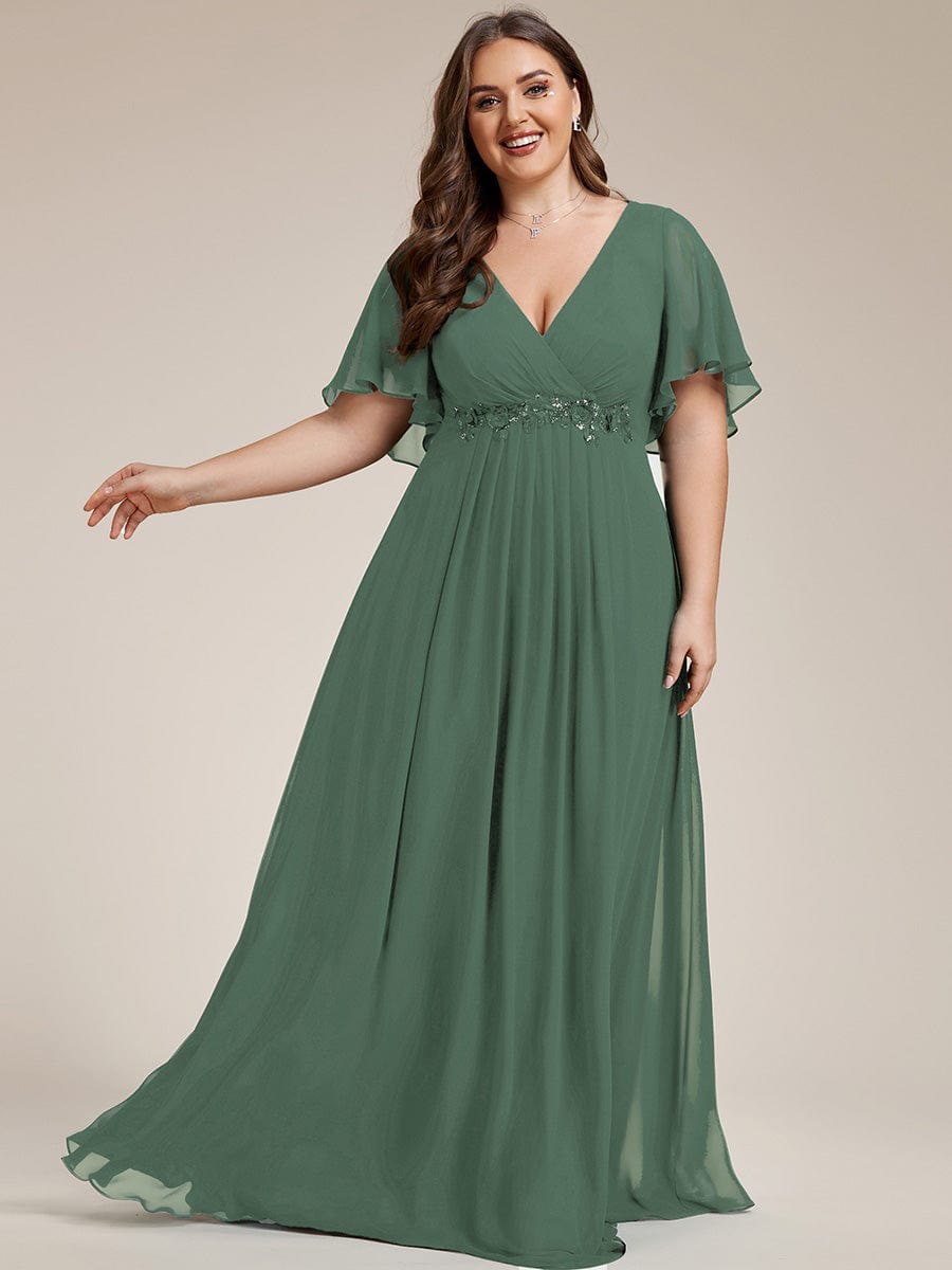 Elegant Chiffon Applique Evening Dress with Flutter Sleeves #color_Eucalyptus Green