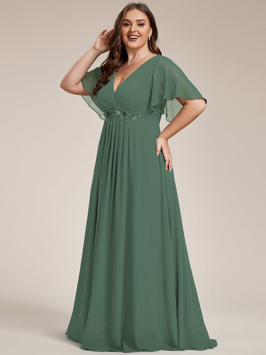 Elegant Chiffon Applique Evening Dress with Flutter Sleeves #color_Eucalyptus Green