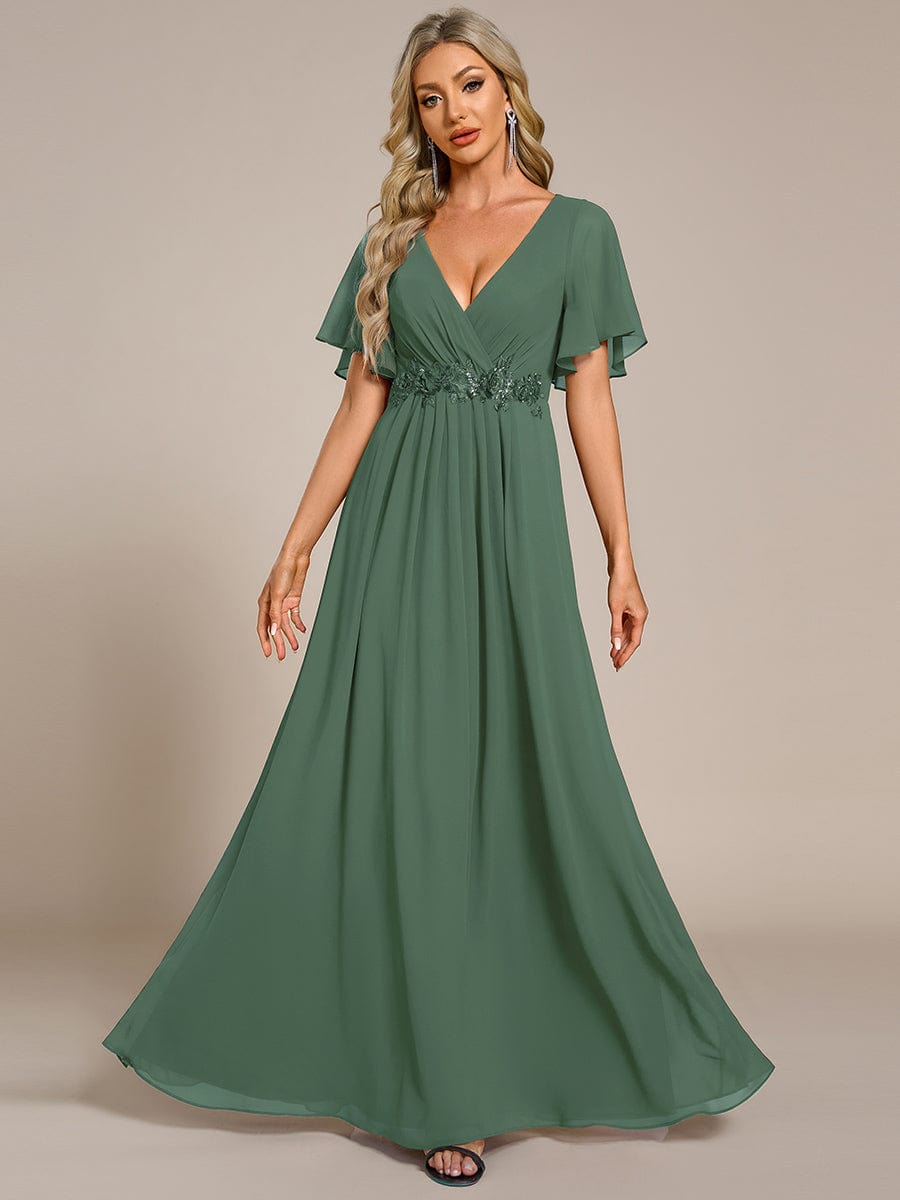 Elegant Chiffon Applique Evening Dress with Flutter Sleeves #color_Eucalyptus Green