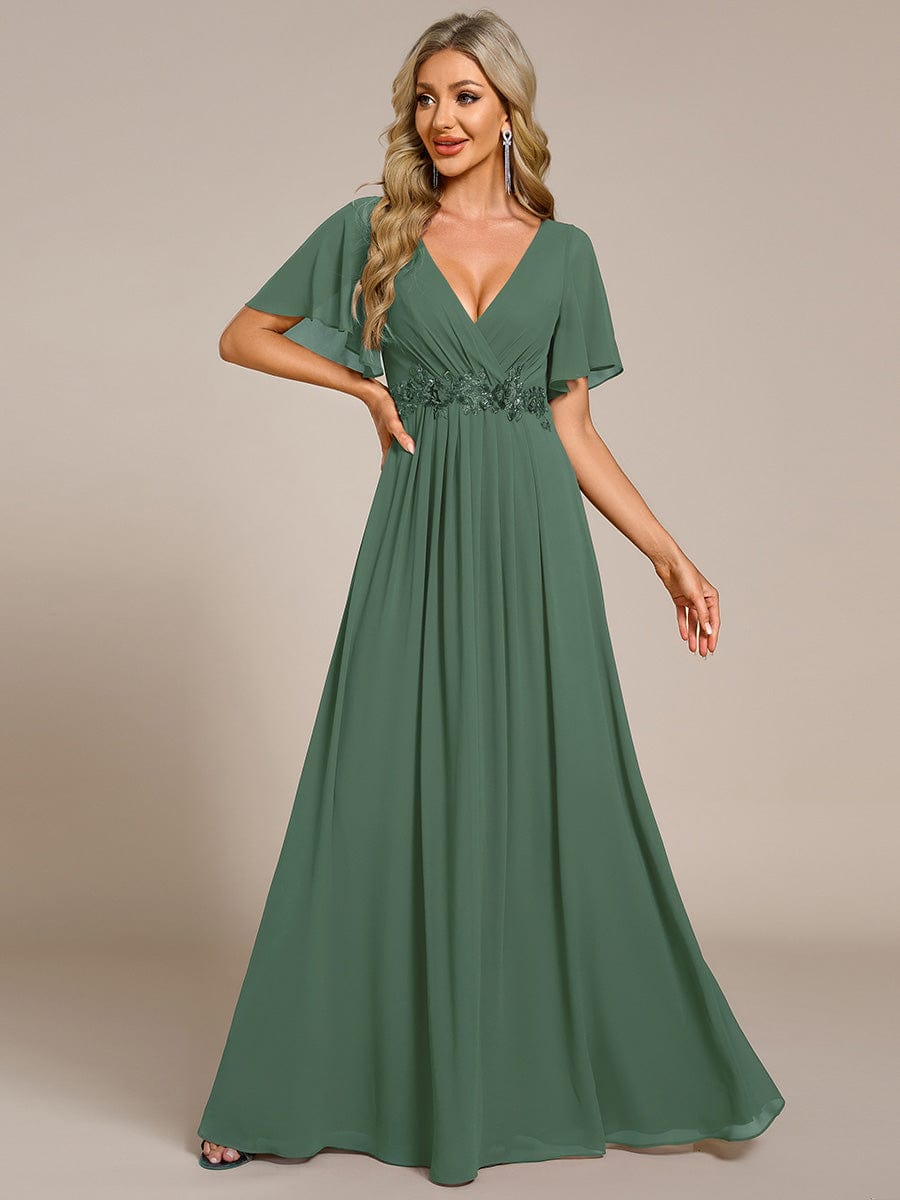 Elegant Chiffon Applique Evening Dress with Flutter Sleeves #color_Eucalyptus Green