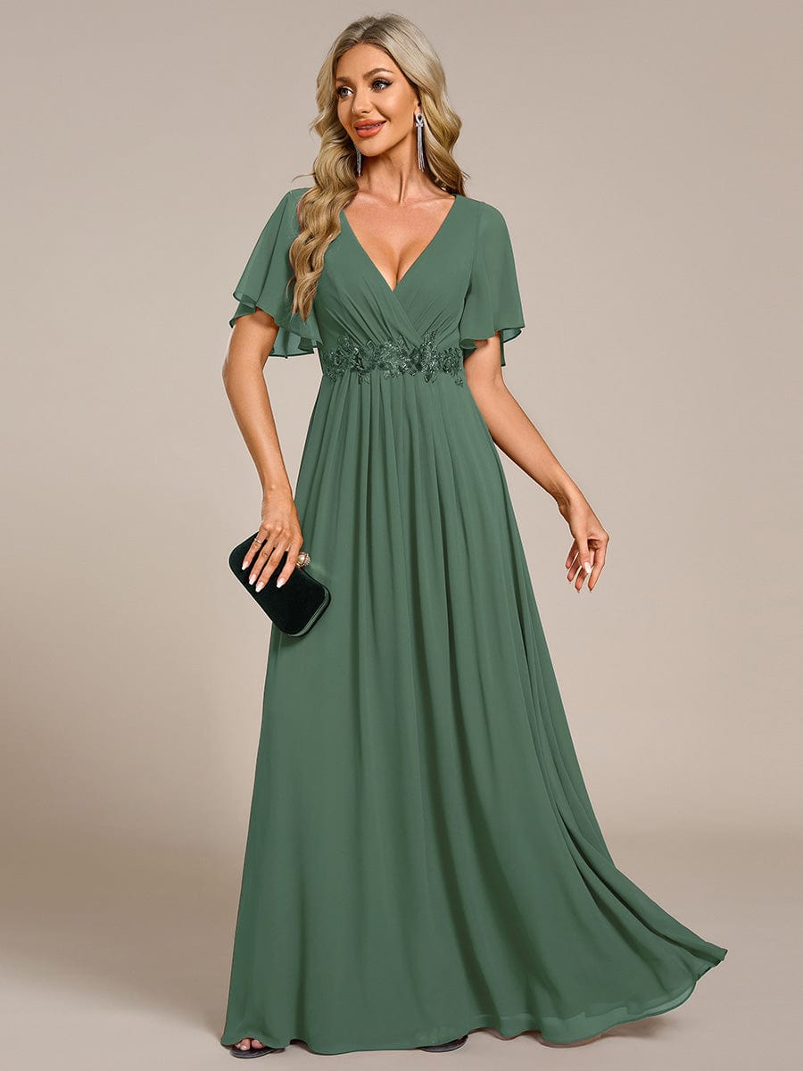 Elegant Chiffon Applique Evening Dress with Flutter Sleeves #color_Eucalyptus Green