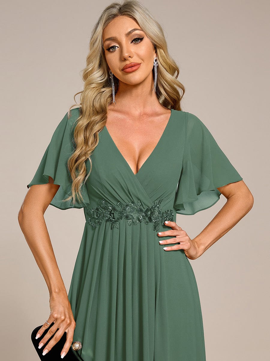 Elegant Chiffon Applique Evening Dress with Flutter Sleeves #color_Eucalyptus Green