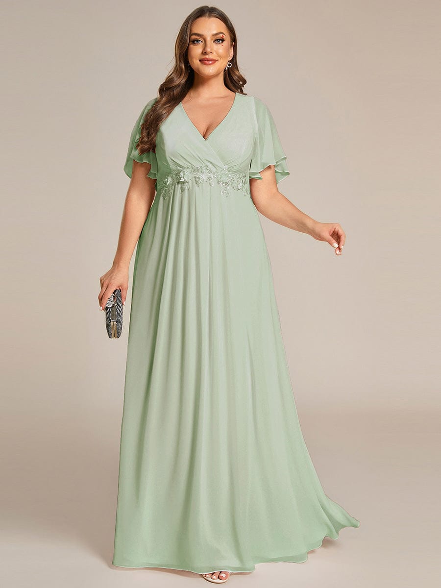 Plus Size Applique Short Sleeve A-Line Chiffon Evening Dress #color_Mint Green