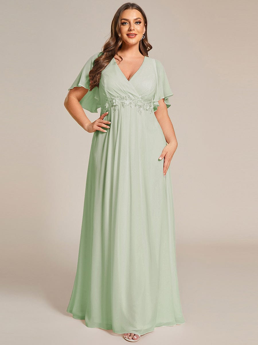 Plus Size Applique Short Sleeve A-Line Chiffon Evening Dress #color_Mint Green