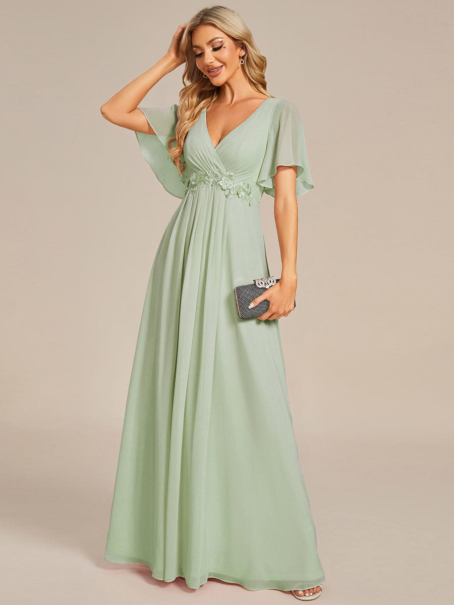 Elegant Chiffon Applique Evening Dress with Flutter Sleeves #color_Mint Green