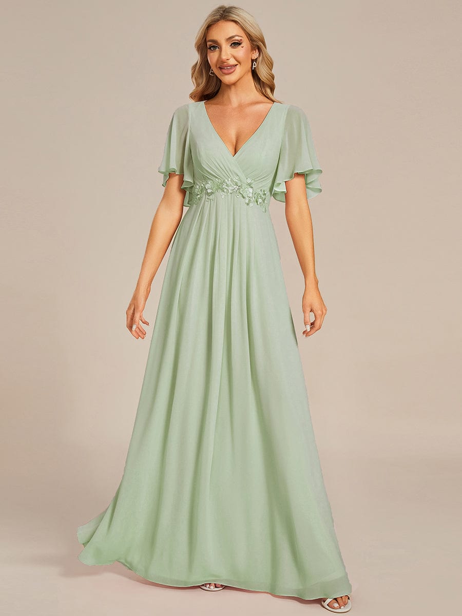 Elegant Chiffon Applique Evening Dress with Flutter Sleeves #color_Mint Green