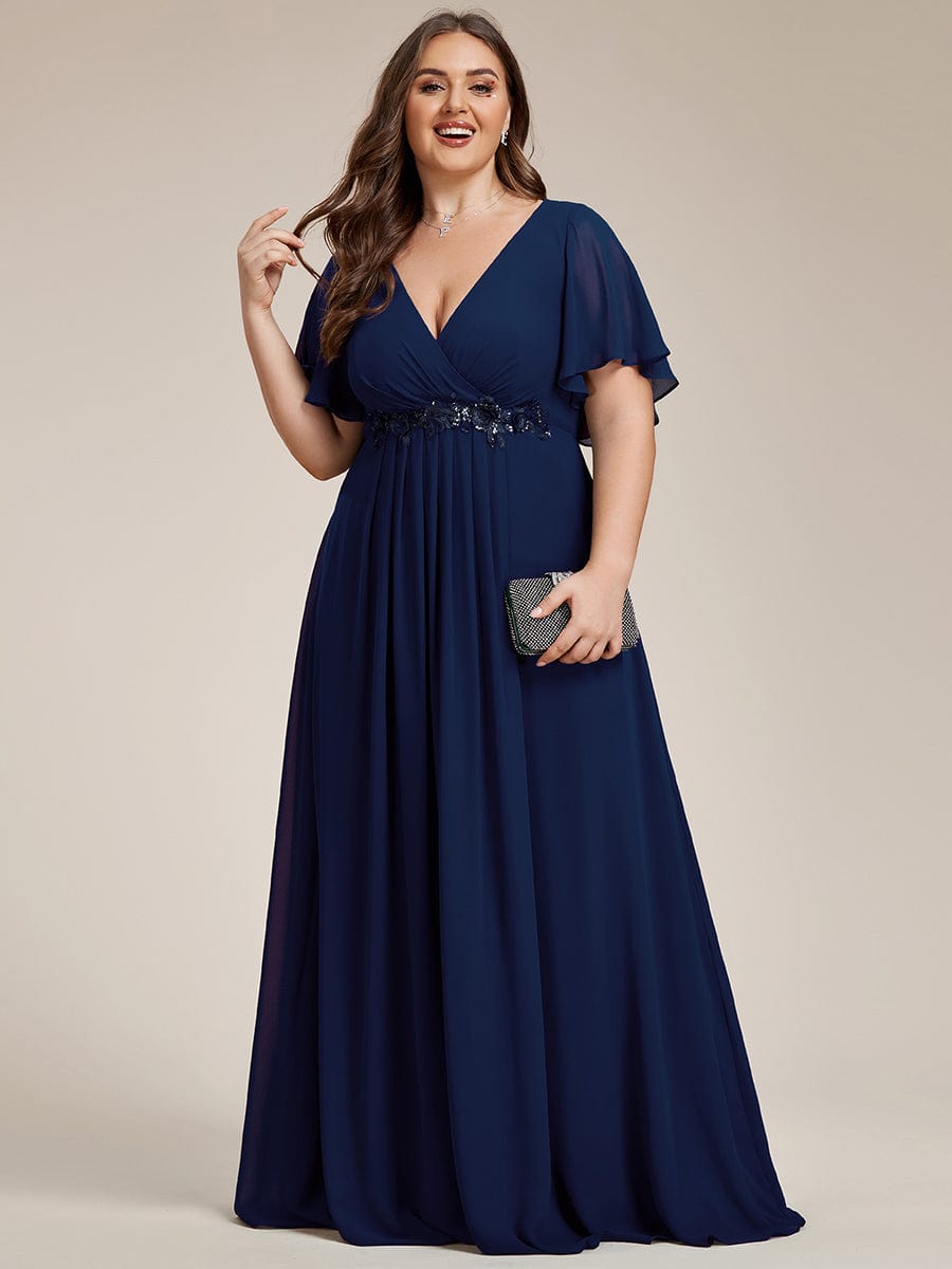 Elegant Chiffon Applique Evening Dress with Flutter Sleeves #color_Navy Blue