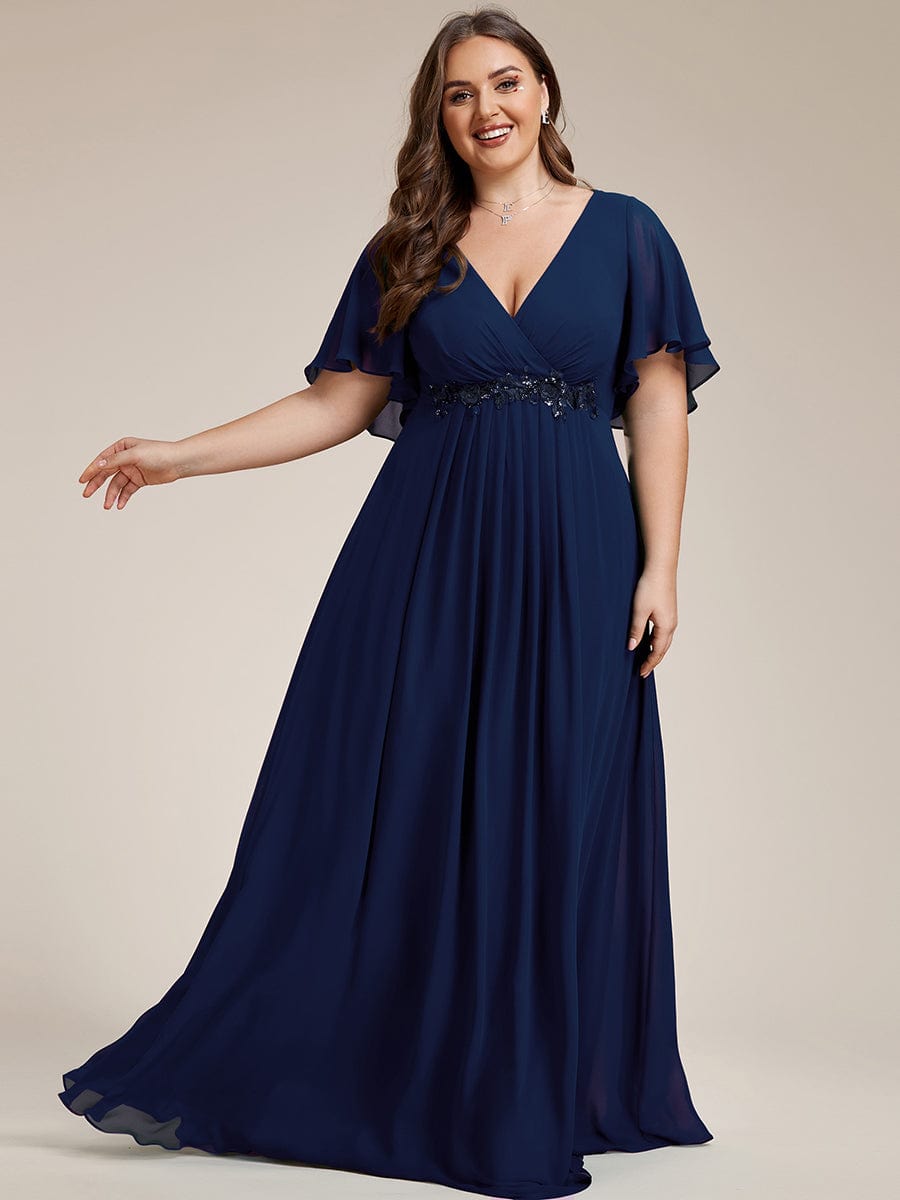 Elegant Chiffon Applique Evening Dress with Flutter Sleeves #color_Navy Blue