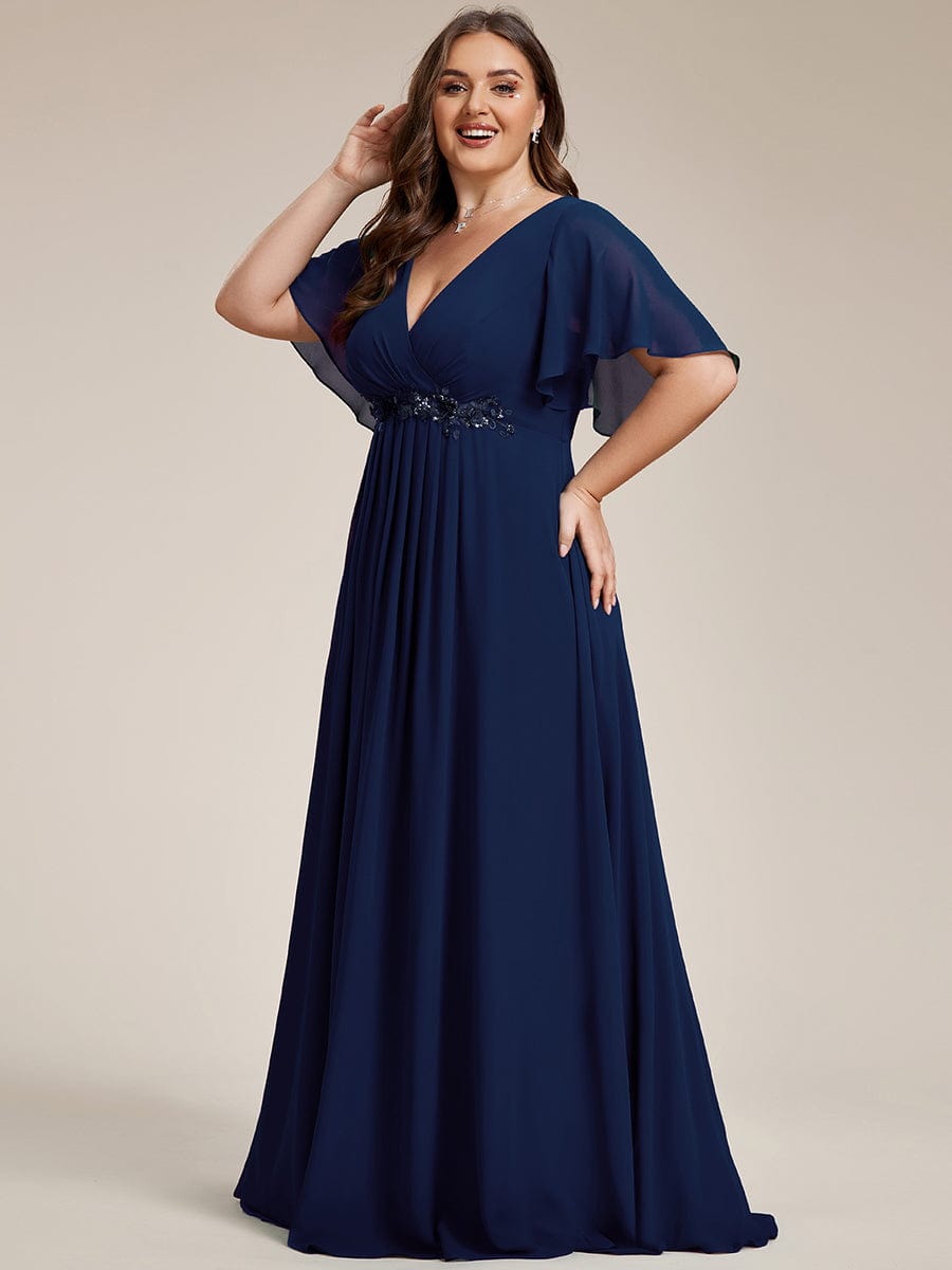 Elegant Chiffon Applique Evening Dress with Flutter Sleeves #color_Navy Blue