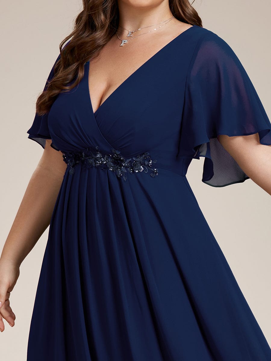 Elegant Chiffon Applique Evening Dress with Flutter Sleeves #color_Navy Blue