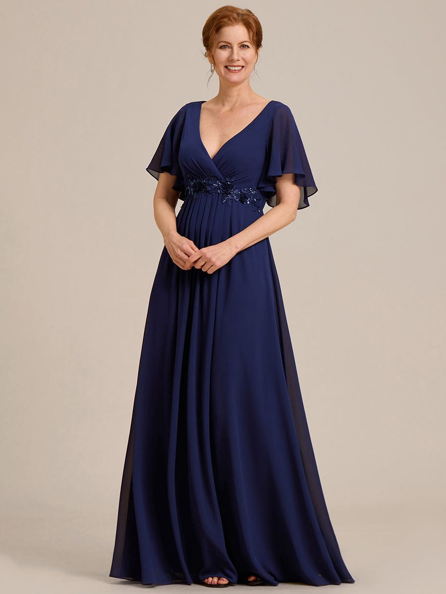 Elegant Chiffon Applique Evening Dress with Flutter Sleeves #color_Navy Blue