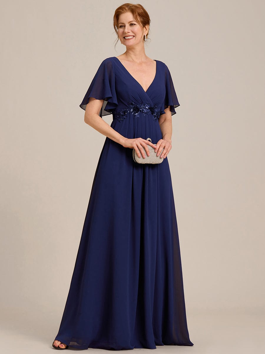 Elegant Chiffon Applique Evening Dress with Flutter Sleeves #color_Navy Blue