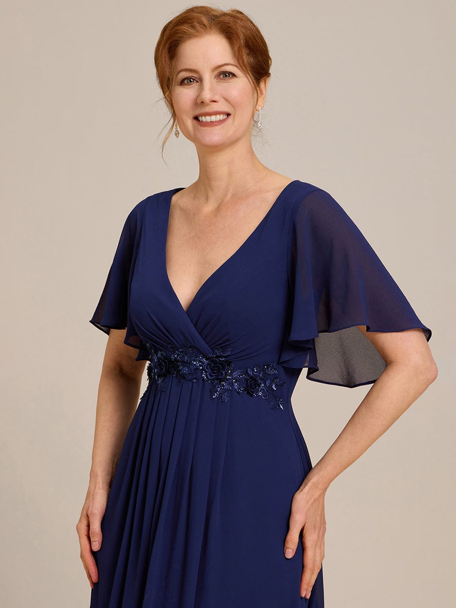 Elegant Chiffon Applique Evening Dress with Flutter Sleeves #color_Navy Blue