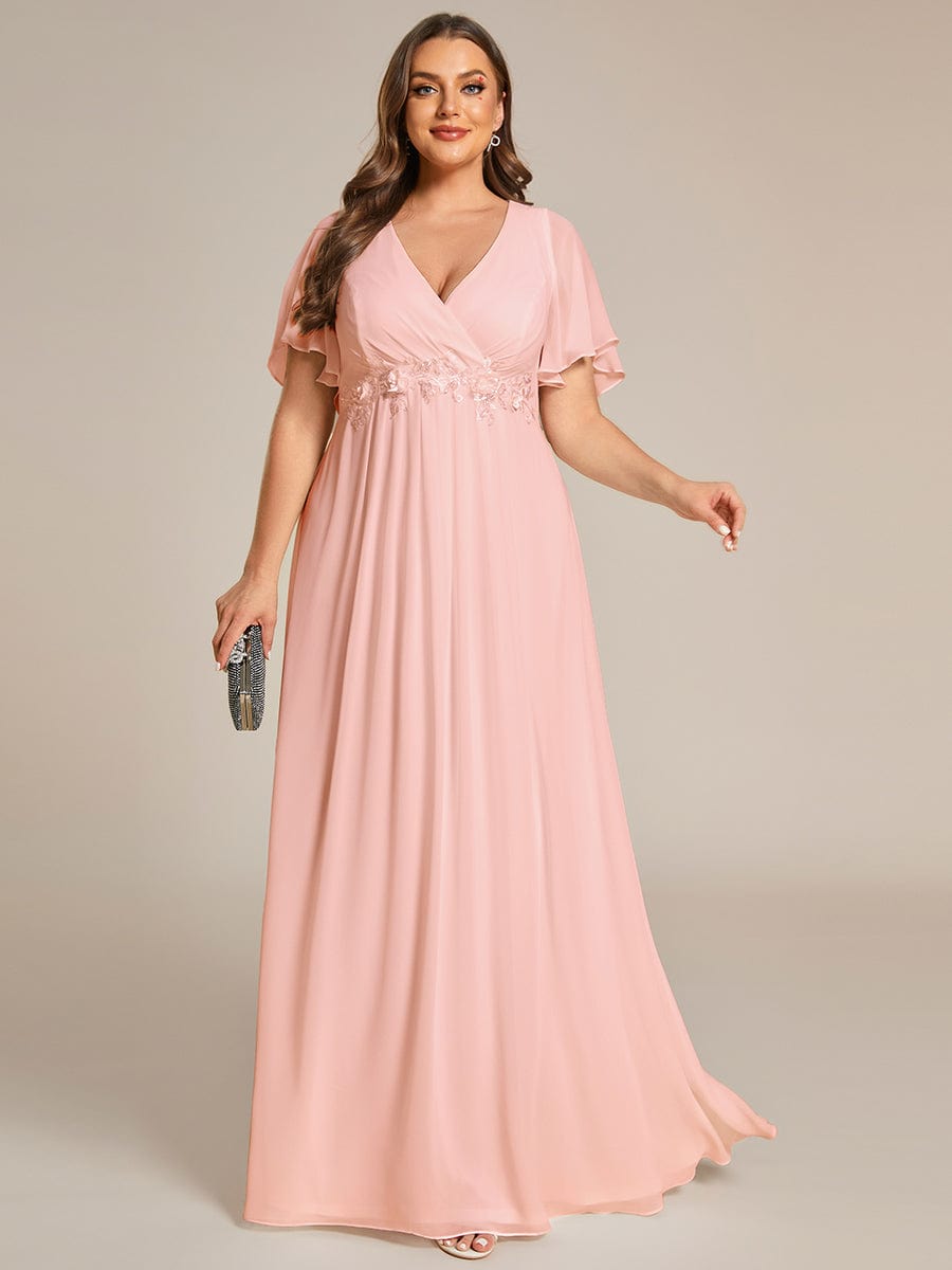 Elegant Chiffon Applique Evening Dress with Flutter Sleeves #color_Pink