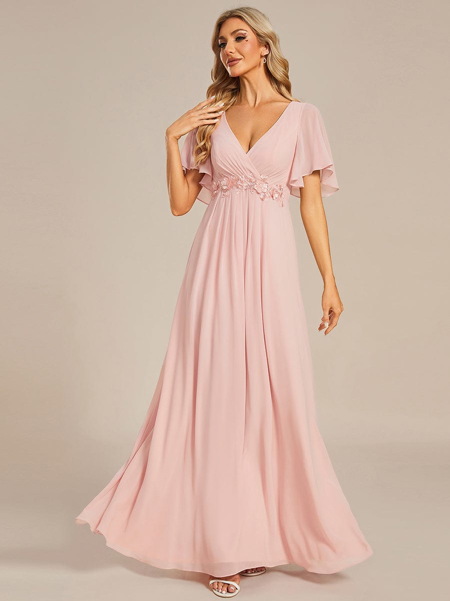 Elegant Chiffon Applique Evening Dress with Flutter Sleeves #color_Pink