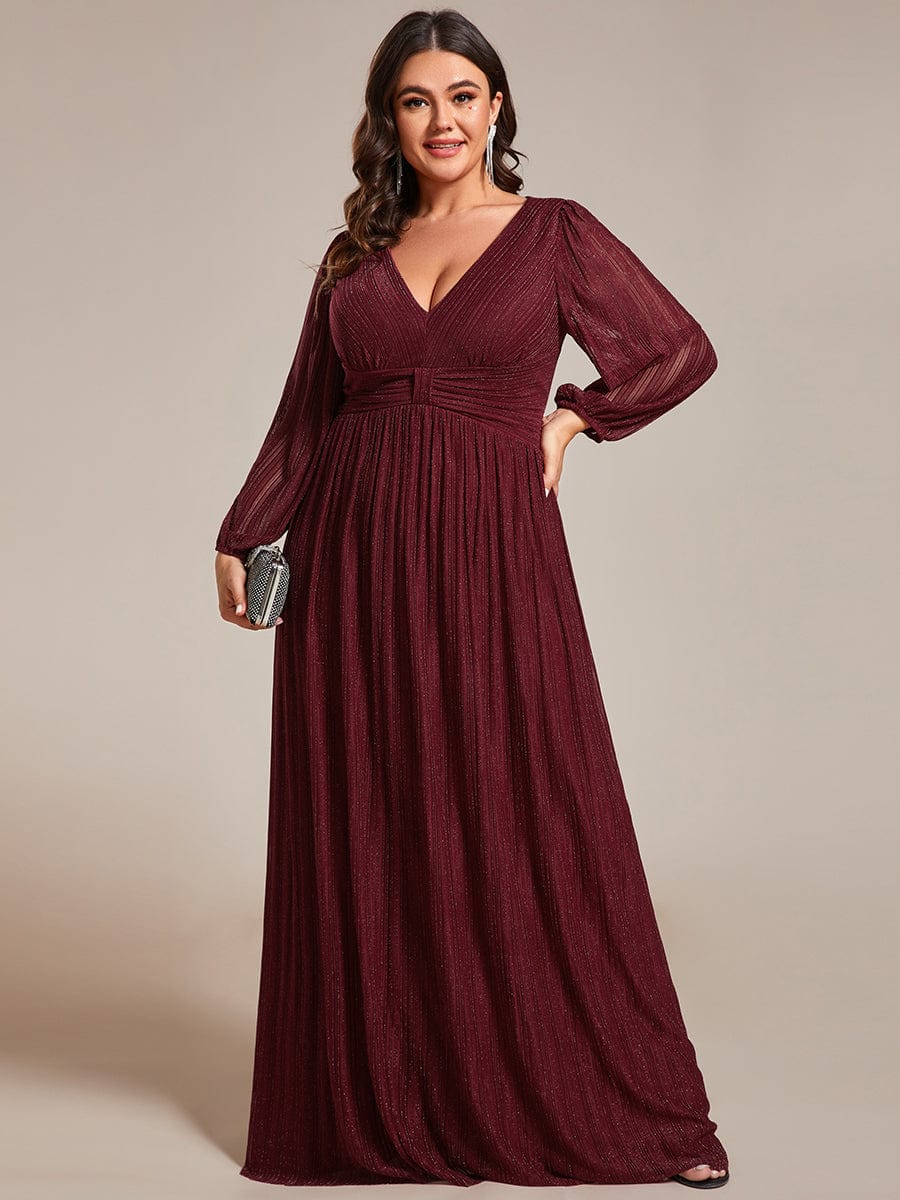 Sparkle Long Sleeve Formal Evening Dress with A-line Silhouette #color_Burgundy