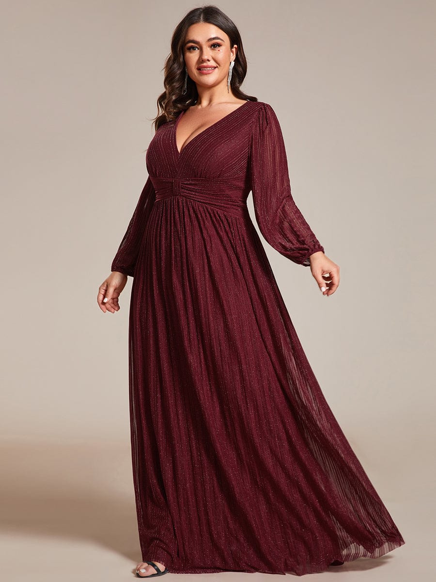 Sparkle Long Sleeve Formal Evening Dress with A-line Silhouette #color_Burgundy