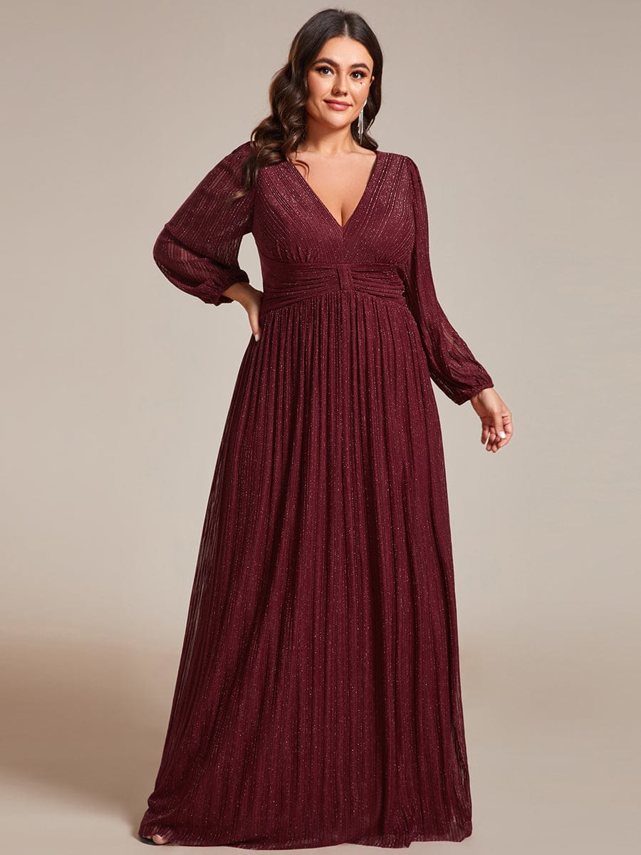 Sparkle Long Sleeve Formal Evening Dress with A-line Silhouette #color_Burgundy