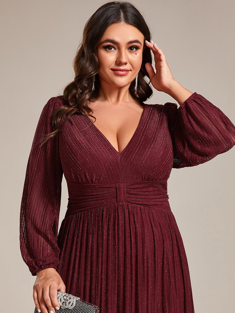 Sparkle Long Sleeve Formal Evening Dress with A-line Silhouette #color_Burgundy