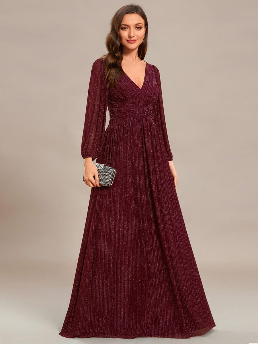 Sparkle Long Sleeve Formal Evening Dress with A-line Silhouette #color_Burgundy