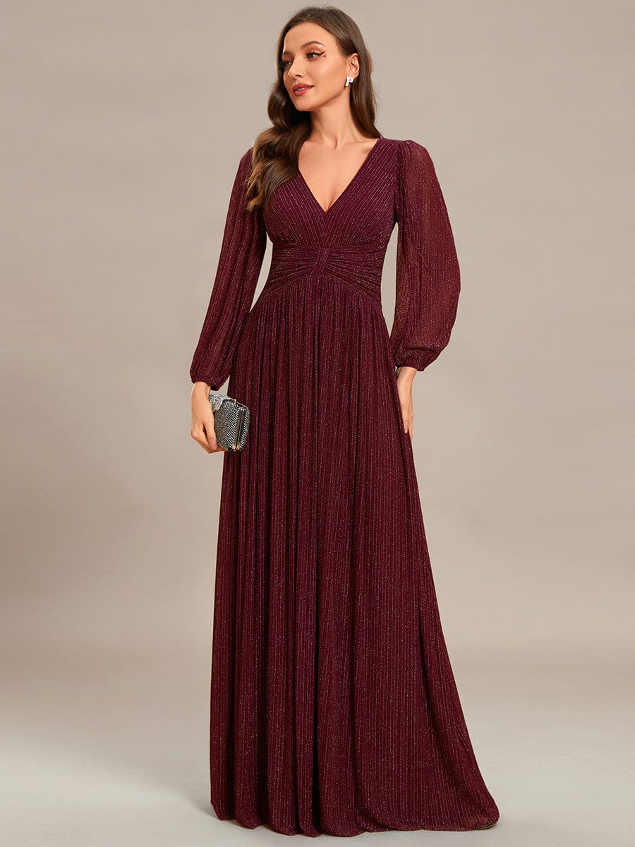 Sparkle Long Sleeve Formal Evening Dress with A-line Silhouette #color_Burgundy