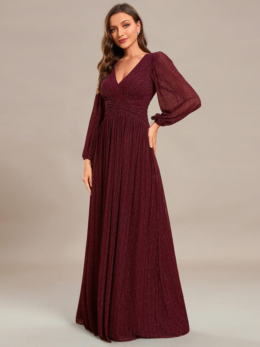 Sparkle Long Sleeve Formal Evening Dress with A-line Silhouette #color_Burgundy