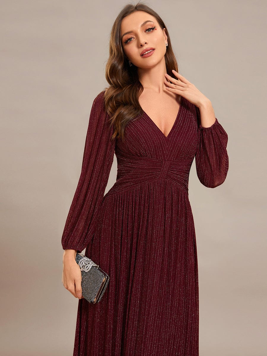 Sparkle Long Sleeve Formal Evening Dress with A-line Silhouette #color_Burgundy