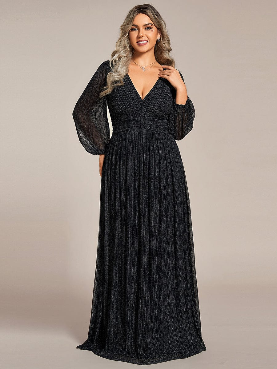 Sparkle Long Sleeve Formal Evening Dress with A-line Silhouette #color_Black