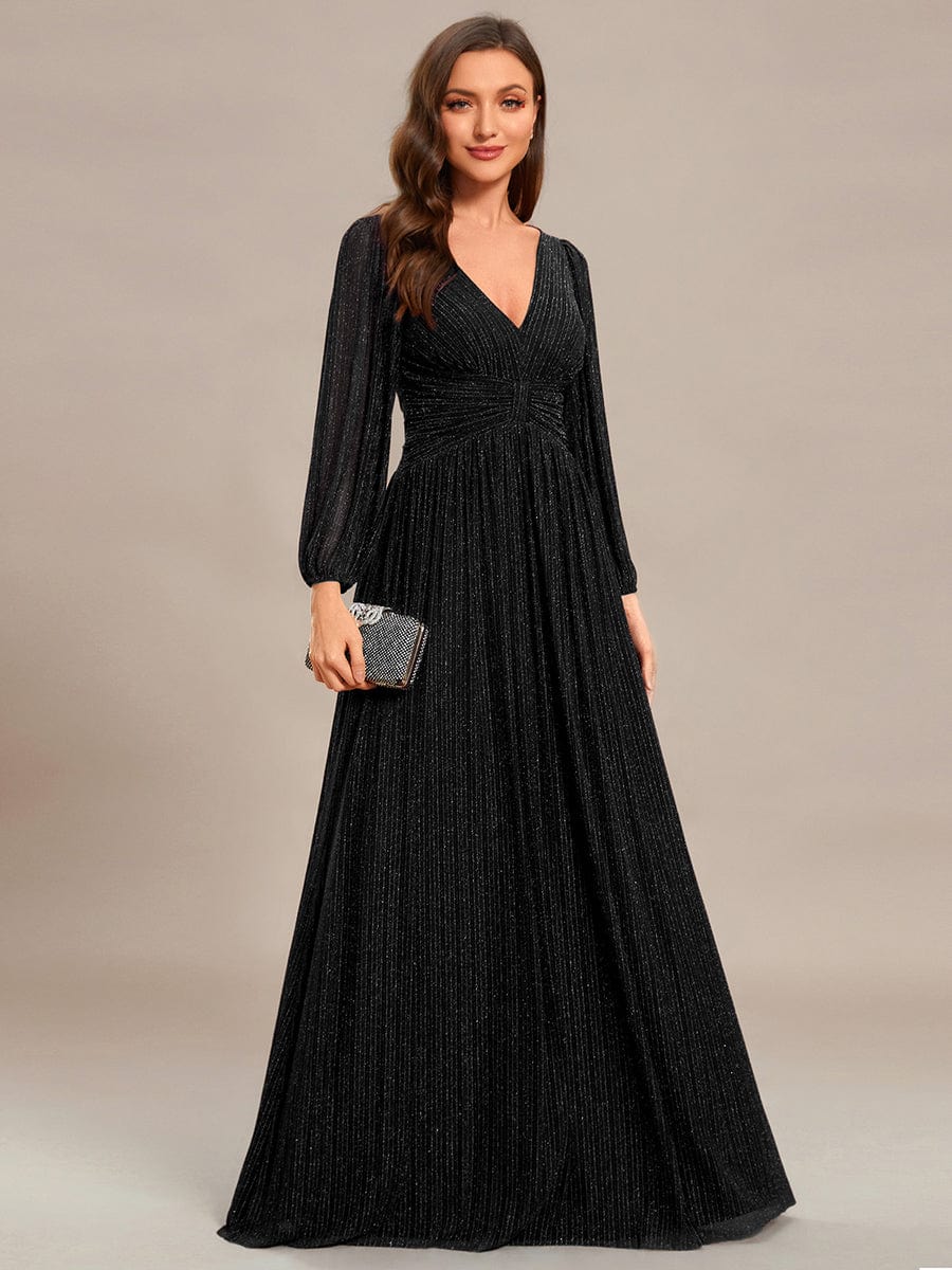 Sparkle Long Sleeve Formal Evening Dress with A-line Silhouette #color_Black